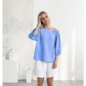 MAGIC LINEN Bardot Linen Blouse Chambray Blue Off Shoulder {T5}
